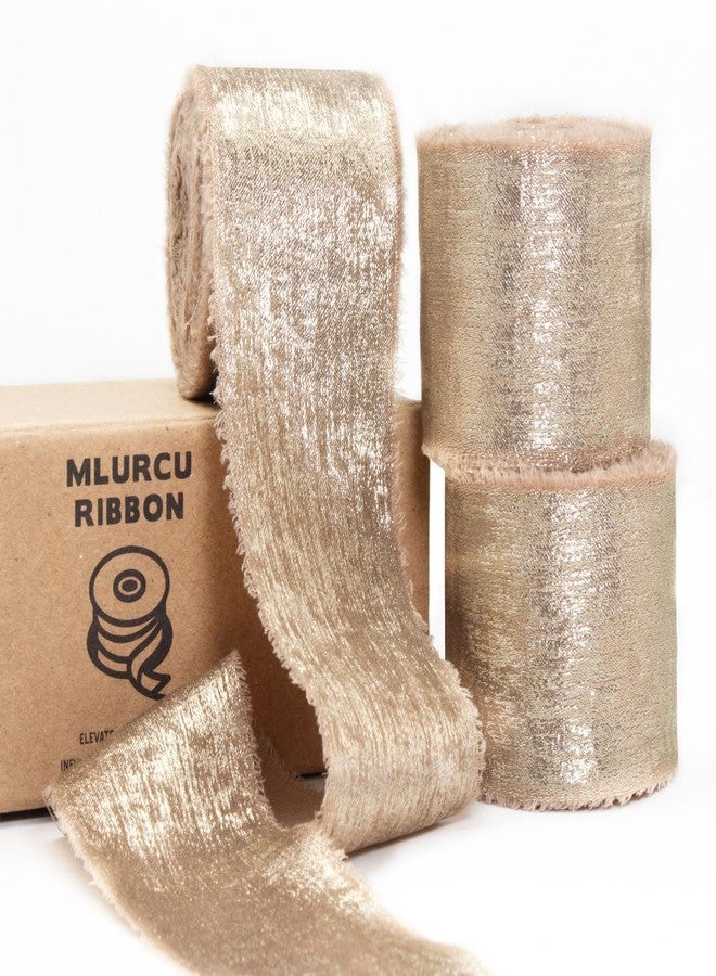 Mlurcu Tan Chiffon Gold Silk Ribbon - 1.5 Inch x 21 Yds, Handmade Fringe Frayed Ribbon for Flower Bouquet, Gift Wrapping, DIY Crafts, Wedding, Bridal Shower - Image 1